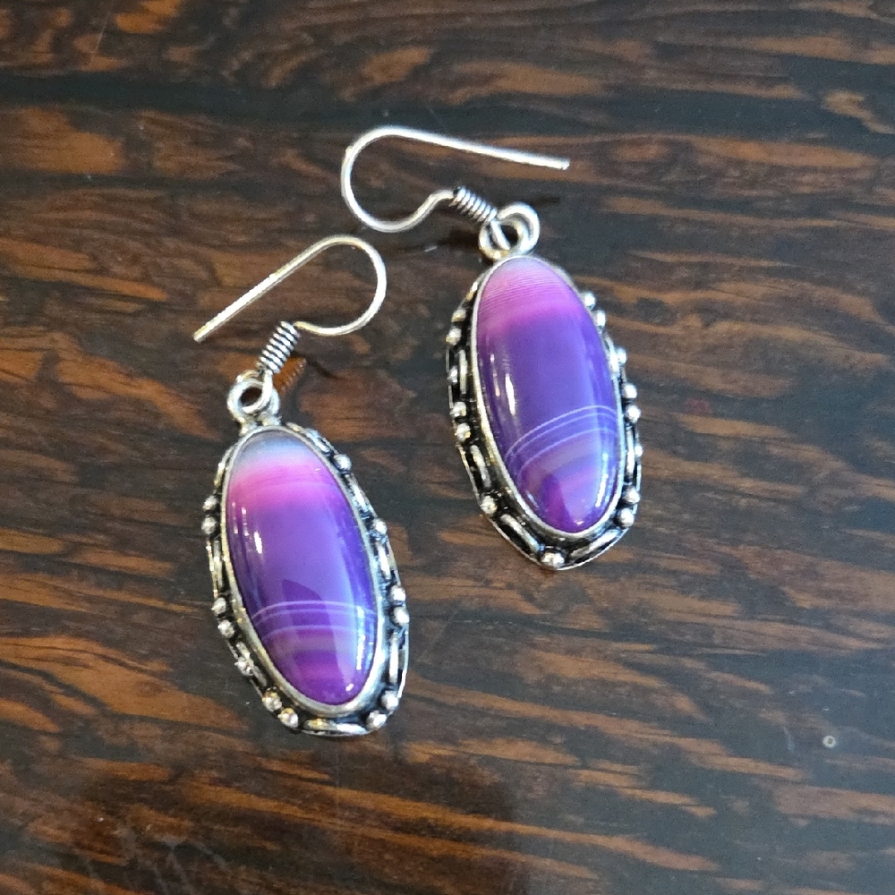Silver Plated Purple Agate Earrings